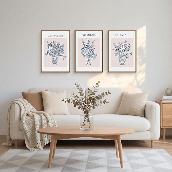 LHIUEM Blue Botanical Flower Framed Canvas Wall Art,Modern Aesthetic Wall Decor,Abstract Navy Blue Painting,Minimalist Line Wildflower Artwork for Living Room,Bedroom,Dining Room -16"x24"x3