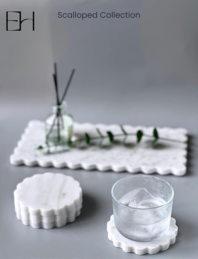 Marble Coasters Set of 4, Handcrafted Drink Protectors,Natural Stone Coaster Bar & Table Decor, Modern Desk Aesthetic Accessories, Non-Slip Luxury Gift (Calacatta White Wave Scalloped)