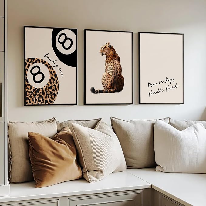 Leopard Wall Art Cheetah Canvas Prints Lucky 8 Ball Wall Decor Aesthetic Poster Fashion Leopard Pictures Trendy Lucky Me Painting Preppy Artwork for Living Room Bedroom 16x24 Inch Unframed Set of 3