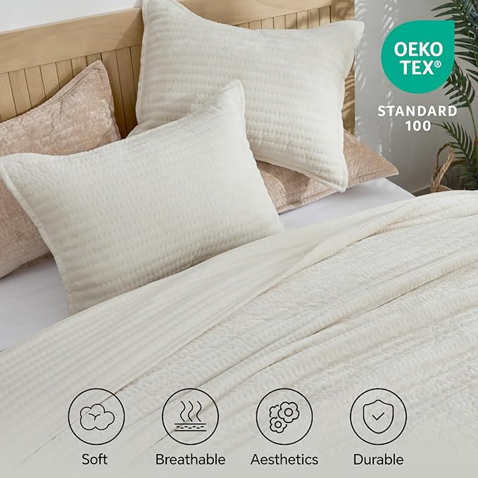 BEDELITE Velvet Quilt Set King Size - Luxury Soft Velvet Comforter Bedding Set for All Season, Lightweight Quilted Channel Stitch Oversized Bedspread Coverlet with 2 Matching Shams, Ivory White