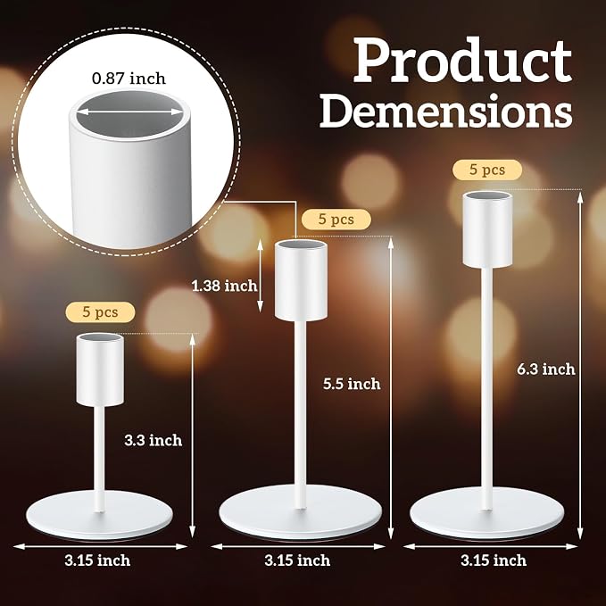 Sieral Candle Holders Bulk Taper Candlesticks Holders Set Modern Decorative Metal Candelabras for Wedding Anniversary Home Dinning Table Centerpiece Xmas Party Decor(Matte White,15 Pcs)