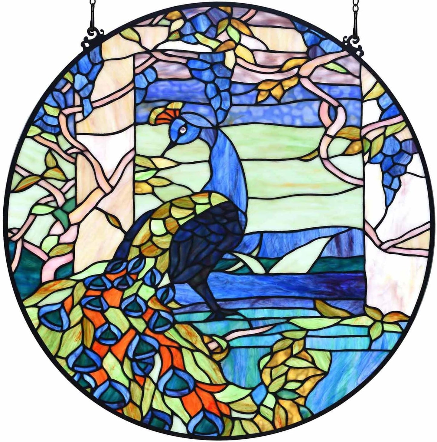 Bieye W10094 Peacock in Garden Tiffany Style Stained Glass Window Panel for Home Decor (Blue, 24" Round)