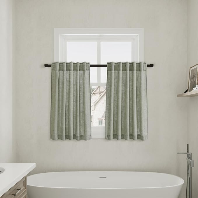 Sage Green Linen Half Kitchen Curtains 36 Inch Length Sets of 2 Back Tab Rod Pocket Boho Cafe Short Curtain for Windows Semi Sheer Light Filtering Drapes for Bathroom RV Camper Laundry 26x36