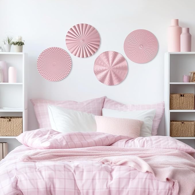 Hicarer 4 Pcs 12 Inch Metal Wall Art Decor Sunburst Hanging Metal Artwork Decor Wall Art Decorations for Home Living Room Office Gift for Christmas (Pink)