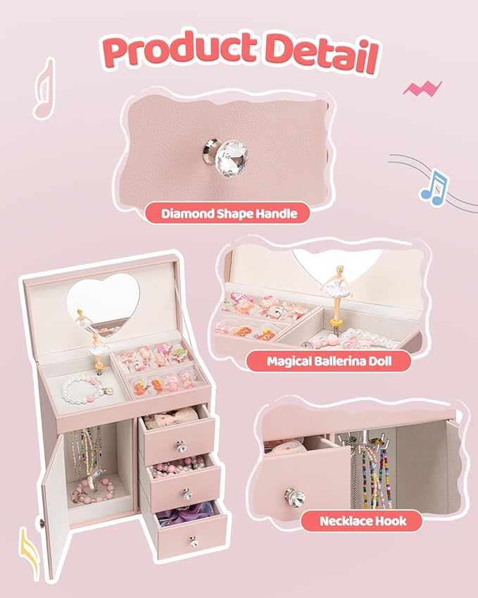 VLANDO Musical Jewelry Box for Girls, Large Kid Music Box with Ballerina for Birthday Bedroom Decor, 4 Layer Girl Jewelry Gifts for Girls Kids - Pink
