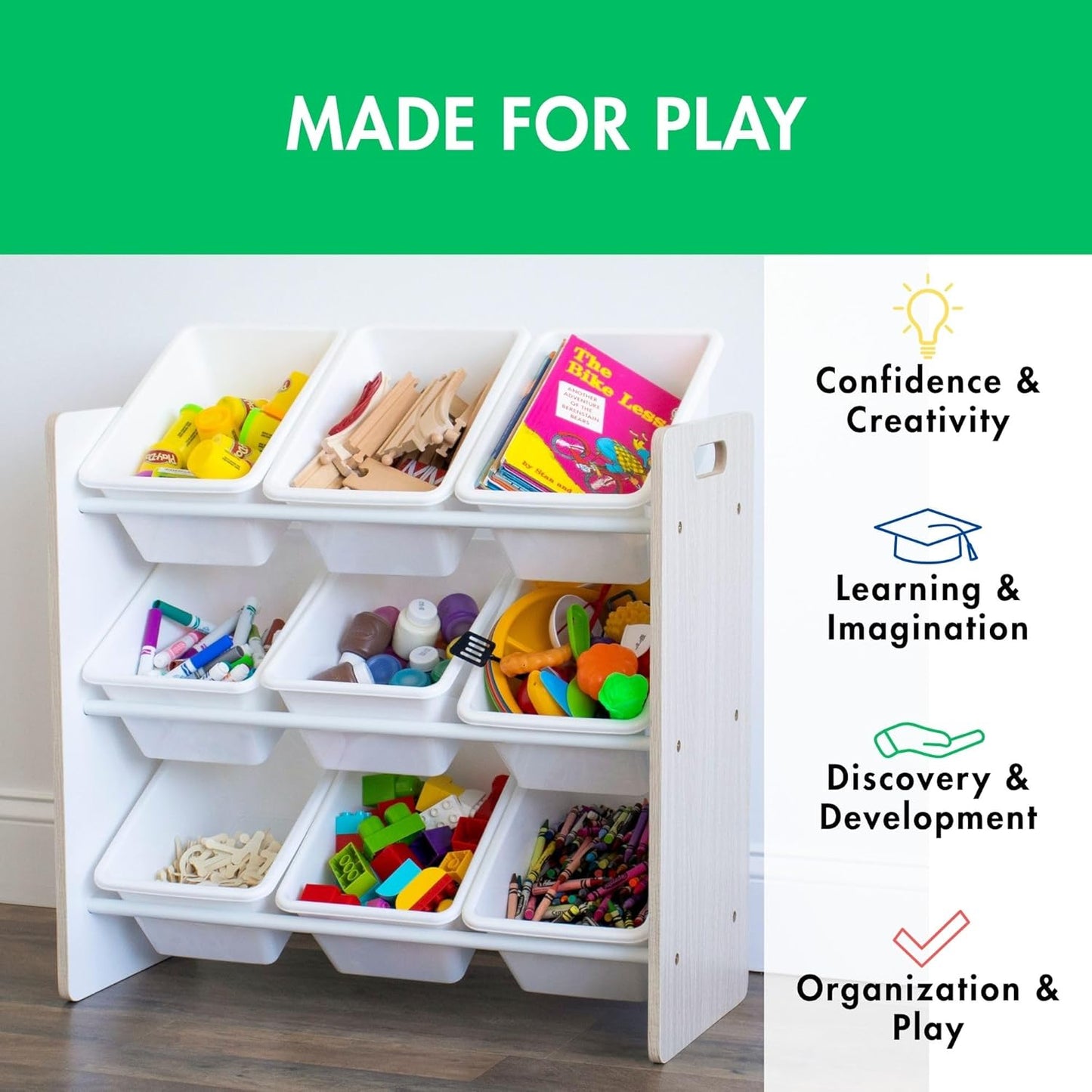 Humble Crew 9-Bin Toy Organizer – Hampton Sandwashed with White Plastic Bins, 3-Tier Storage Solution for Kids' Playrooms and Nurseries