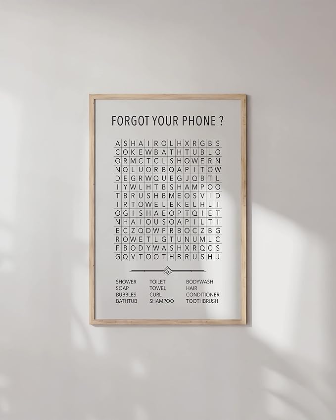 HAUS AND HUES Funny Bathroom Wall Art - Word Search Bathroom Decor, Humorous Bathroom Signs, Kids Bathroom Art (Beige Frame, 24x36)
