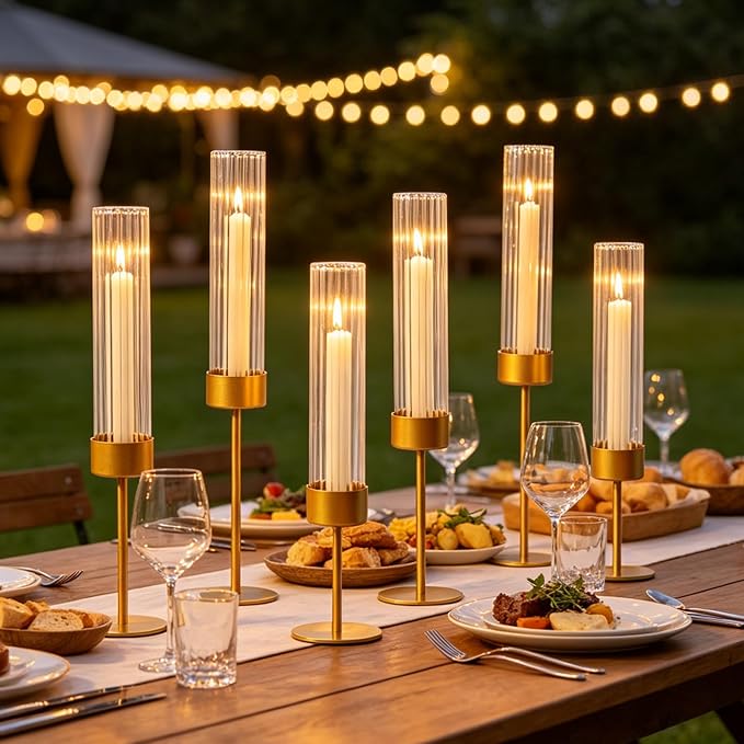 Etolies Gold Glass Hurricane Taper Candle Holders Bulk Set of 6 - Tall Ribbed Glass Cylinder Candlestick Holders for Wedding, Christmas, Party Table Centerpiece Decor,Dining Table,Housewarming Gifts