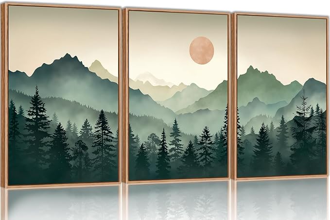 SIKERIC Sage Green Boho Mountain Wall Art, Large Modern Sunrise Framed Canvas Art Prints Set of 3, Nature Landscape Wall Decor, Watercolor Misty Forest Wall Paintings for Living Room, Bedroom- 24X36in