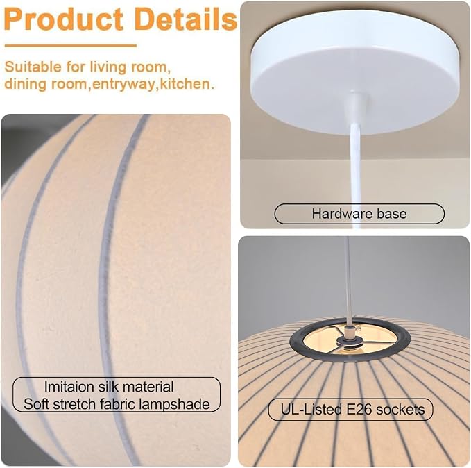 Italian Silk Pendant Light, 19.7 Inch White Bubble Fabric Lantern Ceiling Hanging lamp, Modern Silkworm Cocoon Chandeliers Fixture for Living Dining Room Kitchen Island Restaurant Foyer