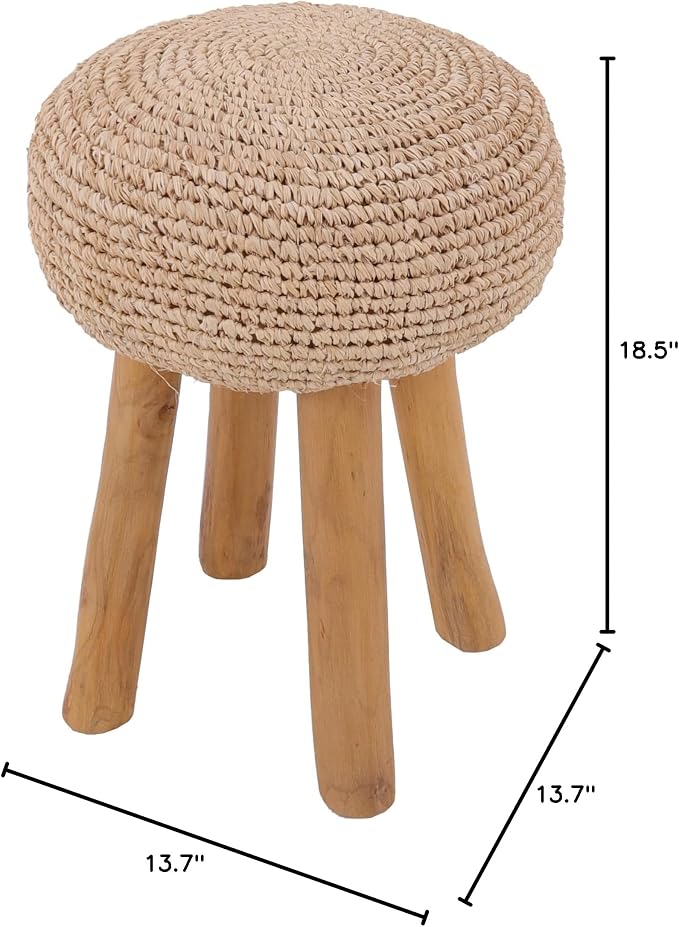 NORDIC STYLE TEAK Kuta Natural Teak Wood Indoor Branch Stool and Accent Seat with Raffia Seat - 18.5"
