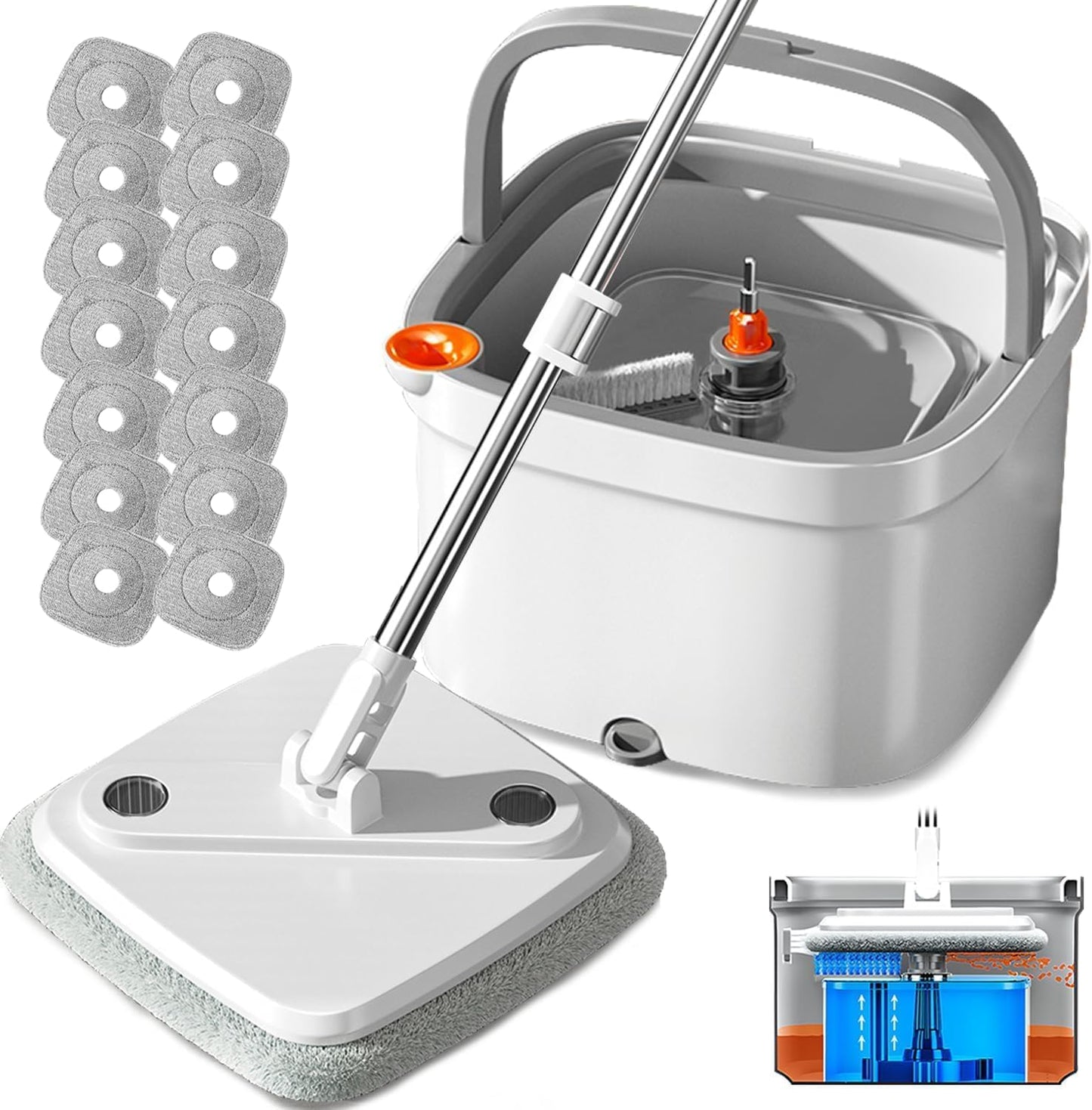 KZKR Spin Mop and Bucket Set with Self Separation Dirty and Clean Water System, Self Wringing 360° Rotating Square Mop Head for Home Floors Cleaning (1.0 Mop and Bucket Set (14 Pads))
