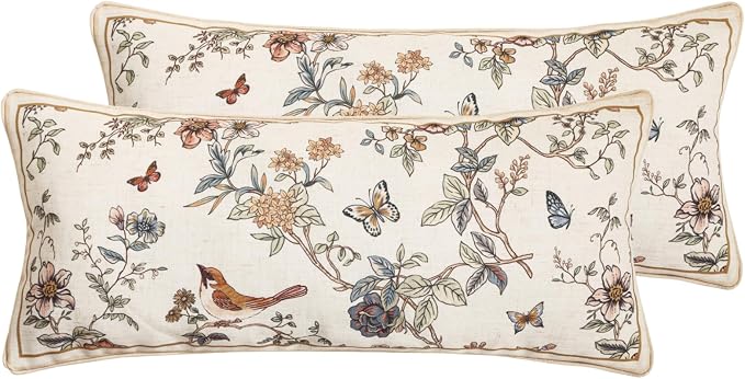 ISAENNE Designer Linen Throw Pillow Cover,Set of 2,28"x12"-Cornucopia A | Elegant French Rectangle Pillow Cover,Concealed Zipper,Floral and Bird Pattern,Sofas,Bedroom,Living Room,Lounge Chairs