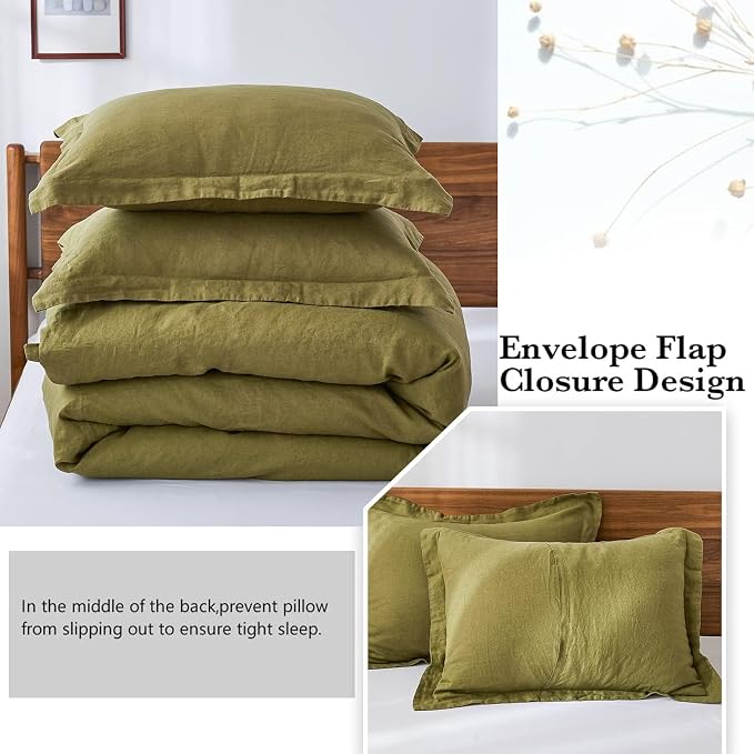 100% French Linen Pillow Shams Basic Style - Pack of 2 - Washed Solid Color Natural Flax Soft Breathable - Olive, 20'' x 36''