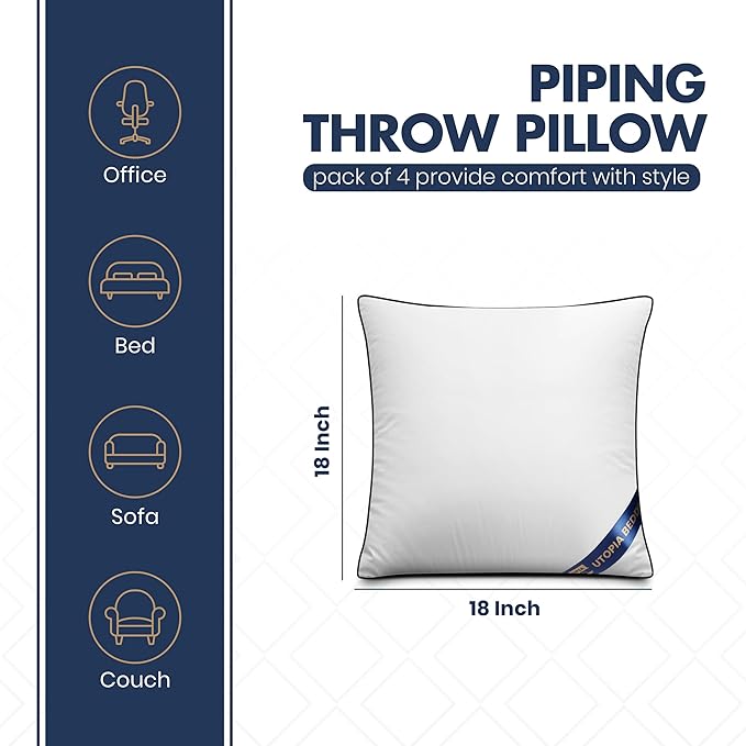 Utopia Bedding Throw Pillow Inserts (Pack of 4, White), 18 x 18 Inches Decorative Indoor Pillows for Sofa, Bed, Couch, Cushion Sham Stuffer