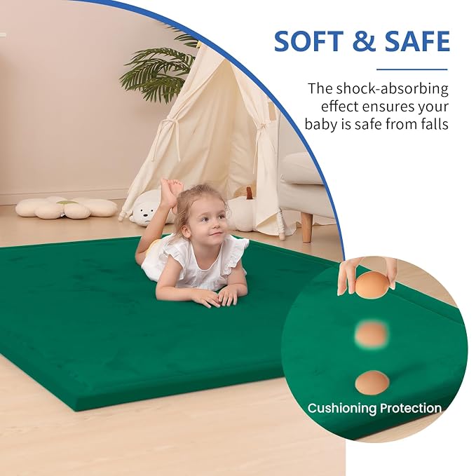 Huloo Sleep Ultra Soft Baby Play Mat for Floor, 1.3" Thick Elasti-Foam 65x50 Play Mat for Playpen,Water-Repellent Coral Velvet for Tummy Time, Non-Slip Backing,Safe for Toddlers & Infants（Dark Green)