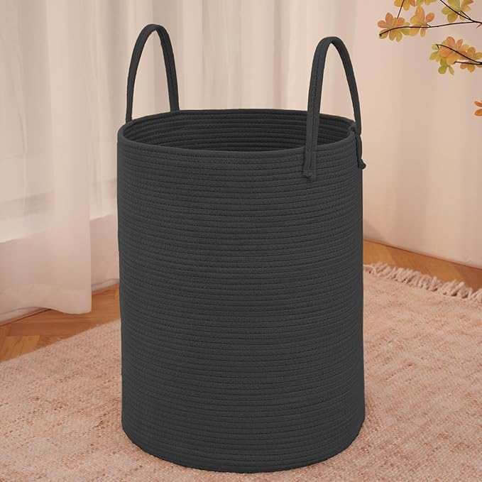 JMvicyroam Large Woven Laundry Basket Hamper,60L Cotton Rope Storage Bin for Blankets,Toys and Clothes,Decorative Tall Nursery Hamper for Living Room,Baby Nursery,Bathroom and Bedroom,Black