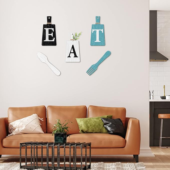 Jetec Cutting Board Eat Sign Set Hanging Art Kitchen Eat Sign Farmhouse Fork and Spoon Wall Decor Rustic Primitive Country Kitchen Decor for Home over Cabinet Decoration(Black, White, Teal)