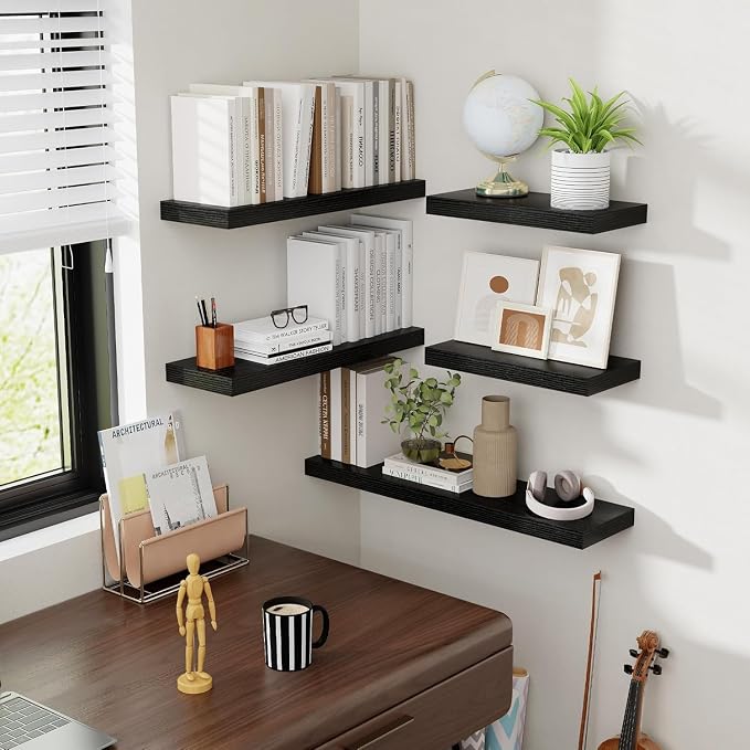 Acovy 72 Inch Floating Shelves, 8 Inch Deep Floating Shelves for Wall, Hanging Shelf with Invisible Brackets, Deep Shelves for Bathroom, Bedroom, Living Room, Black, Set of 2