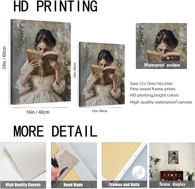Vintage Victorian Woman Reading Book Wall Art Light Academia Wall Decor Paintings Picture Moody Girl Aesthetic Poster Canvas Print for Bedroom Living Room Dorm Library Nook 16x24 Inch Framed