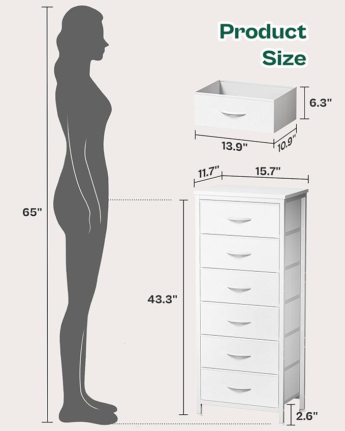 Huuger 43.3 Inch Tall Dresser for Bedroom, 6 Drawer Dresser & Chests of Drawers, Fabric Dresser for Closet, Bedroom, Night Stand, End Table with Metal Frame, Storage Tower with Fabric Bins, White