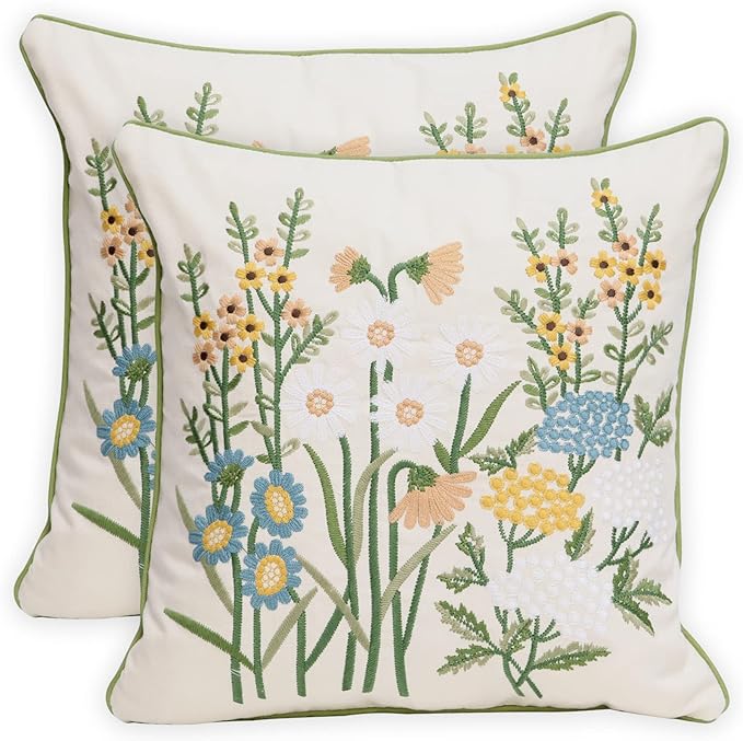 Set of 2 Embroidered Decorative Throw Pillow Covers Couch Square Pillowcases Cushion for Bedroom Sofa Farmhouse Decor 18x18 Inch (Yellow Daisy)