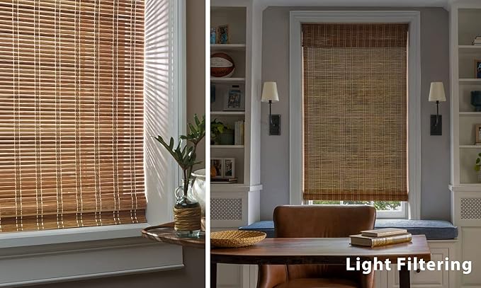 LazBlinds No Tools No Drill Cordless Bamboo Roman Shades, Light Filtering Window Treatment, Roll Up Bamboo Blinds for Windows 21'' W x 48'' H, Brown