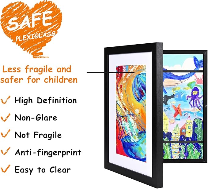 KINLINK 8.5x11 Kids Art Frame Set of 2, Solid Wood Kids Artwork Frames Changeable with Front Opening Hold 150 Pictures, Art Frames for Kids Art with Mat，without Mat 8.5x11 Picture Frame Black