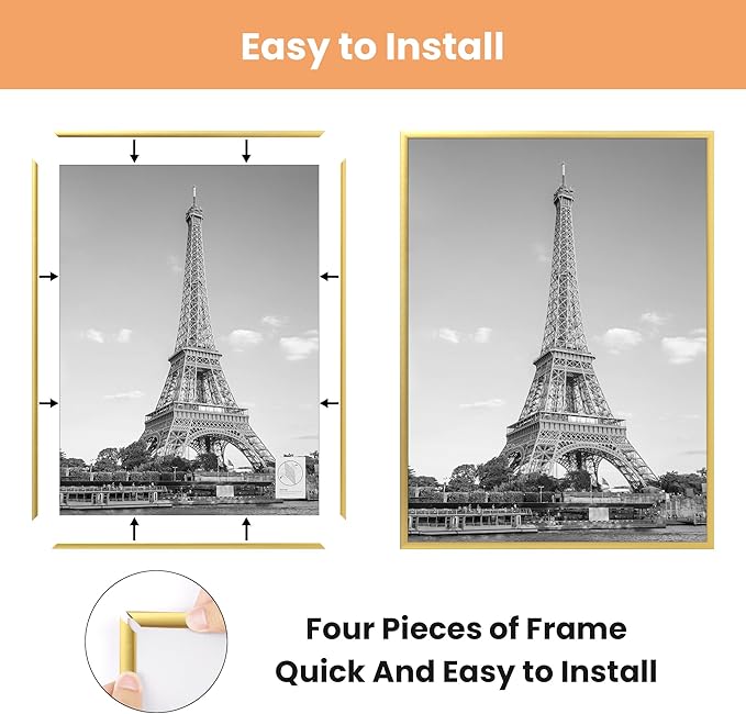 upsimples 12x16 Picture Frame Gold 3 Pack, Scratch-Proof Poster Frames 12 x 16 for Photo Gallery - Slide-In Strips, Horizontal or Vertical Wall Mounting