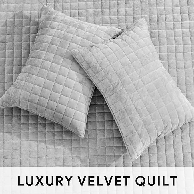 RECYCO Luxury Velvet Quilt Twin/Twin XL Size Bedding Set, Ultra Soft Velvet Comforter Set, Lightweight Quilted Channel Box Stitch Oversized Bedspread Coverlet for All Season, with 1 Sham, Frost Gray
