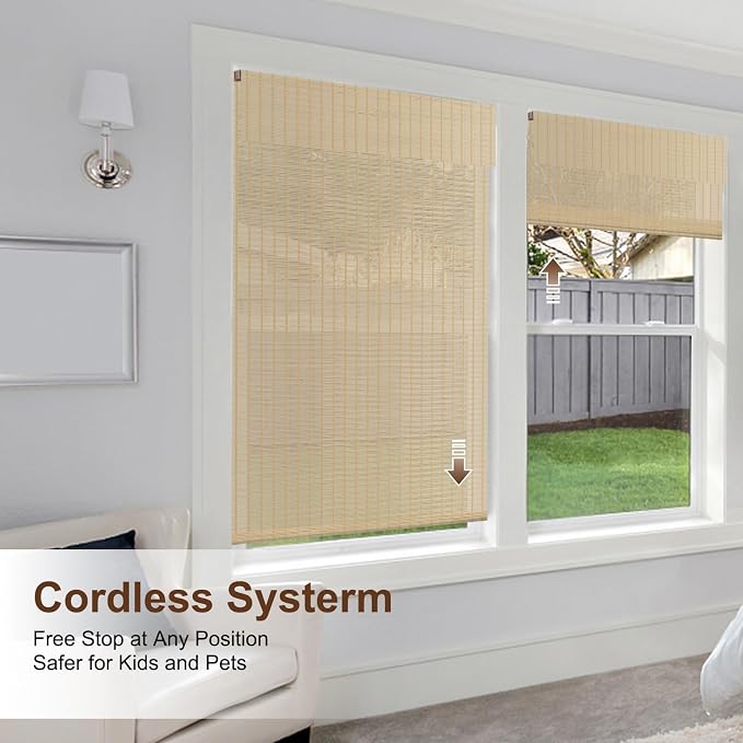 LUCKUP Cordless Bamboo Roman Shades, Light Filtering Bamboo Blinds for Windows Indoor, UV Protection Natural Roll up Roman Shades 30" Wx64 H, Natural