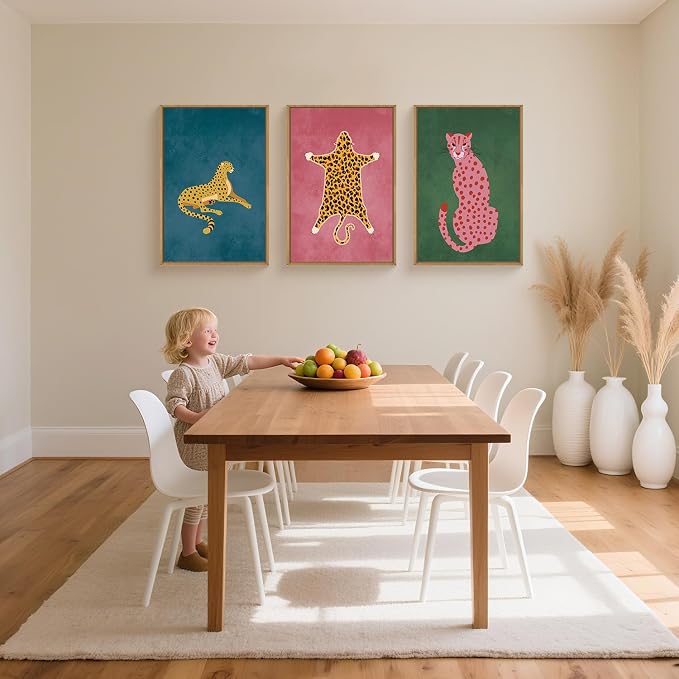 Ausril Cheetah Animals Framed Canvas Wall Art Set, Leopard Preppy Room Wall Decor, Modern Boho Cats Wall Painting, Pink Dot Cartoon Art Print for Living Room Bedroom Dinning Room Office 16"x24"x3