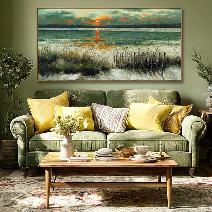 Kureful Green Abstract Wall Art Sunrise Beach Sea Ocean Sage Green Landscape Wall Decor Poster Pictures for Living Room Bedroom Dining Room 24"x48"