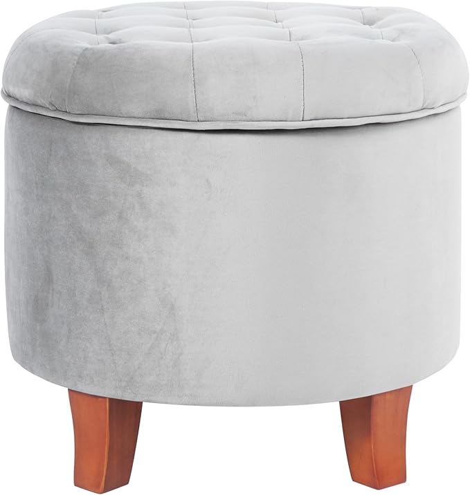 HomePop by Kinfine Fabric Upholstered Round Storage Ottoman - Velvet Button Tufted Ottoman with Removable Lid, Light Gray Small