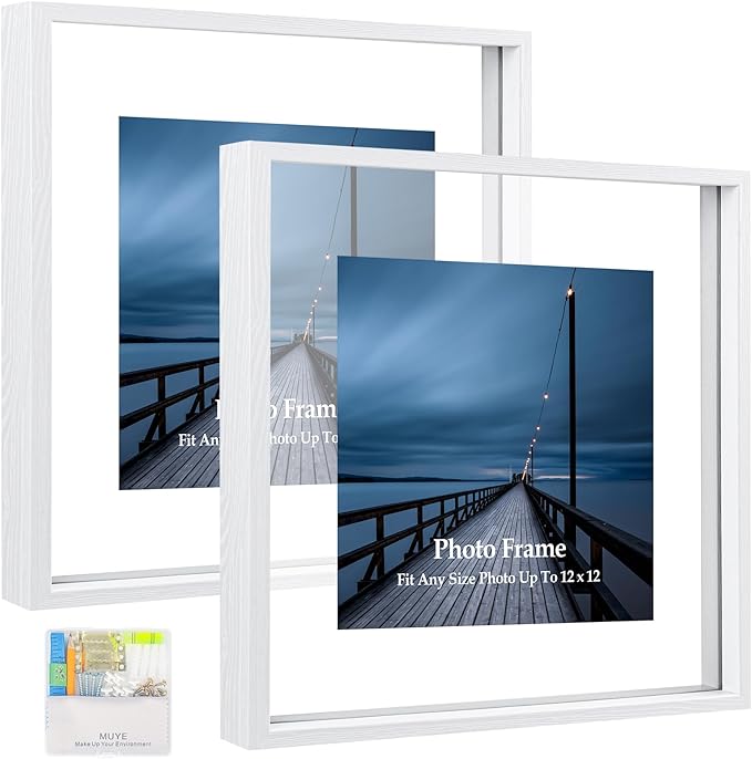 MUYE 12x12 Floating Frame Set of 2,Double Real Glass Square Photo Frame,Display Any Size Photo up to 12x12,Wall Mount or Tabletop Standing,White