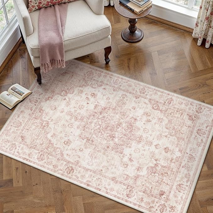 3x4 Washable Neutral Area Rug Pink Vintage Entryway Office Carpet Non-Slip Soft Low Pile Farmhouse Throw Rug for Entrance Living Room Bathroom Dining Room