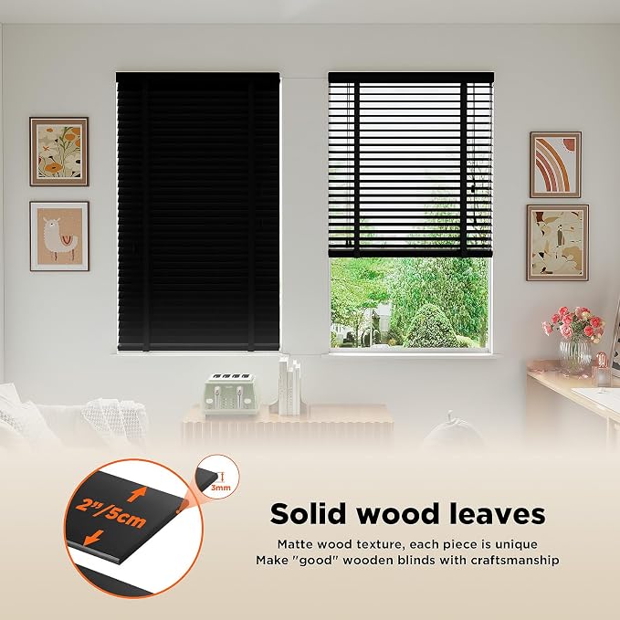 2" Slats Wood Blinds for Indoor Windows: Solid Wooden Blackout Blinds & Shades,Black Out Privacy Horizontal Blinds for Home Bedroom Bathroom Living Room Windows and Doors 33.5" WX48 H Black