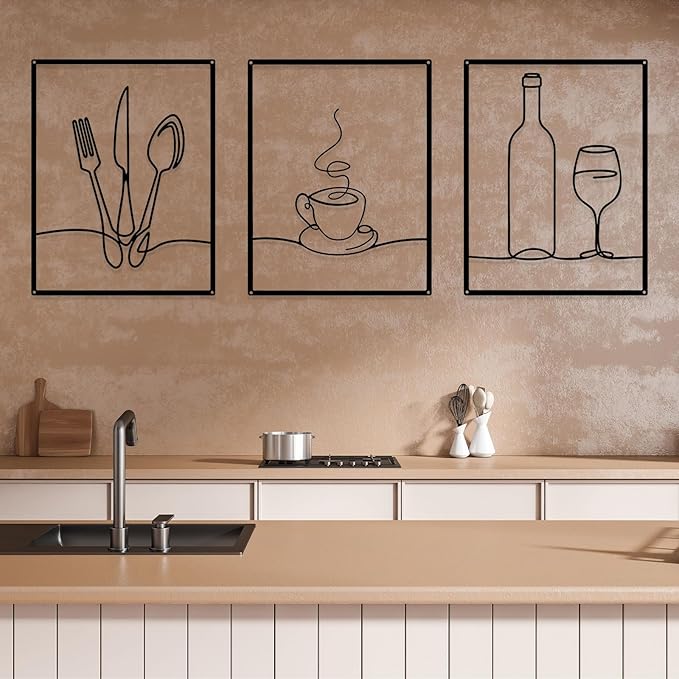 Otoolling 3 Pieces Metal Minimalist Line Kitchen Signs Wall Decor Drawing Rustic Kitchen Wall Art for Dining Living Room Home, 14 x 11 Inches(Dining Room,Black)