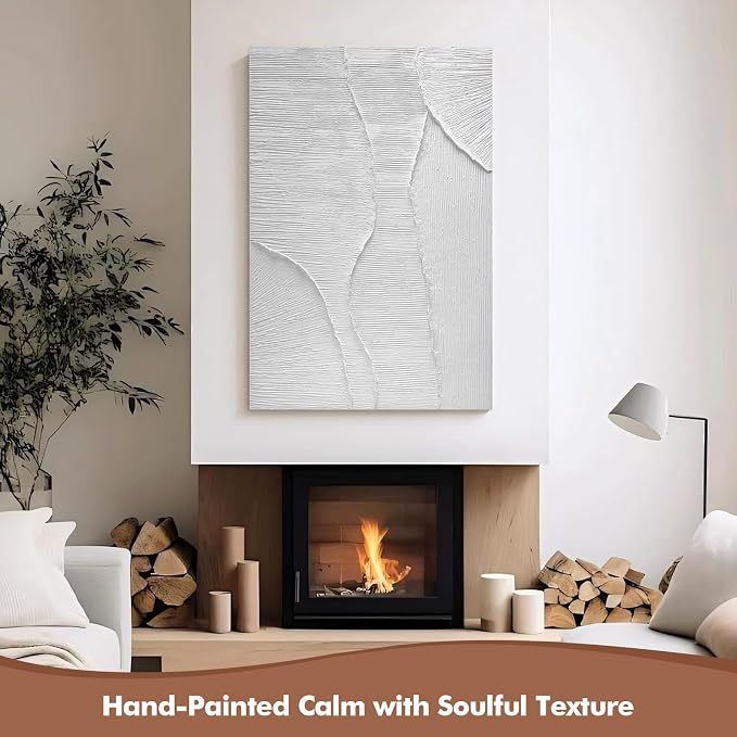 Hand-Painted Oil Painting Canvas White Wall Art, 3D Textured Wall Decor | Modern Vertical Canvas Wall Art, 24x36 in Contemporary Minimalist Handmade Artwork for Home Office Corridor Decoration, Gifts