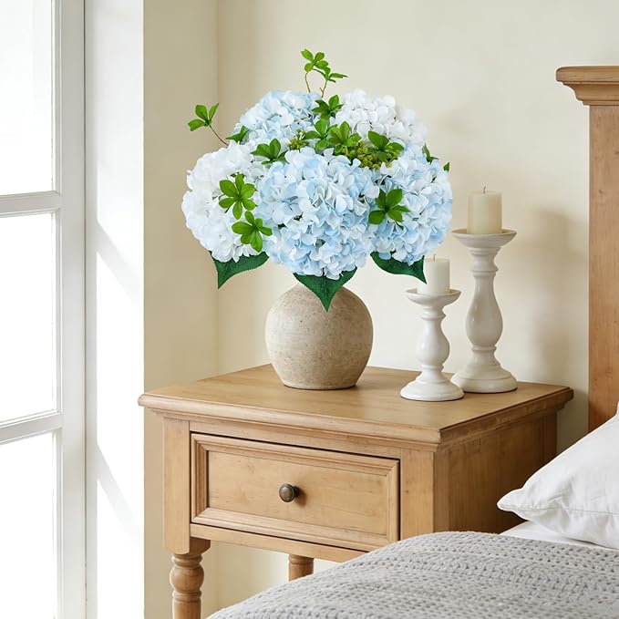 ZYTUYO 5 Pcs Pure White Silk Hydrangeas Artificial Flower Boho Dried Touch 20'' Faux Hydrangeas for Indoor Home Decor Kitchen Living Room Outdoor Porch Wedding Flower Arrangement