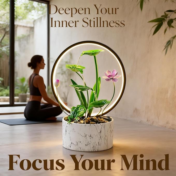 Qingyinge 15‘’H Green Small Water Fountain Indoor, Metal LED Light Relaxation Tabletop Fountain, for Meditation Yoga Spa Room Decor.