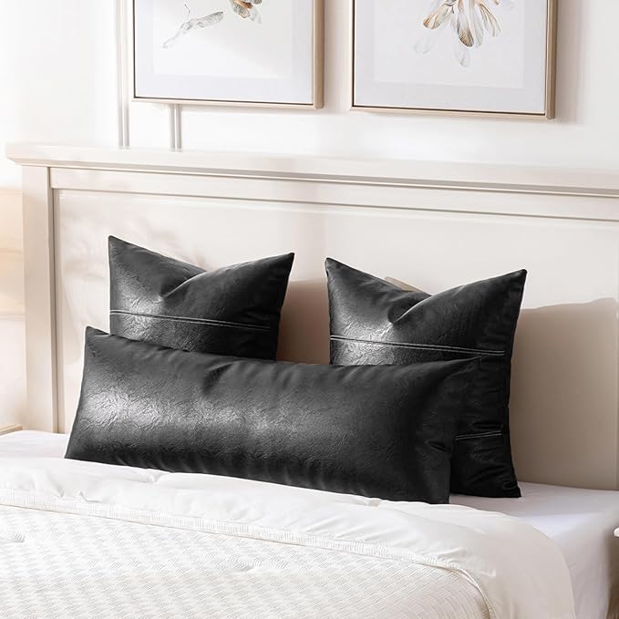 Fancy Homi Black Boho Long Lumbar Faux Leather Body Decorative Throw Pillow Cover 14x36 Inch for Bedroom Couch Bed Sofa Bench, Thick Stylish Solid Square PillowCase, Rustic Modern Farmhouse Room Decor