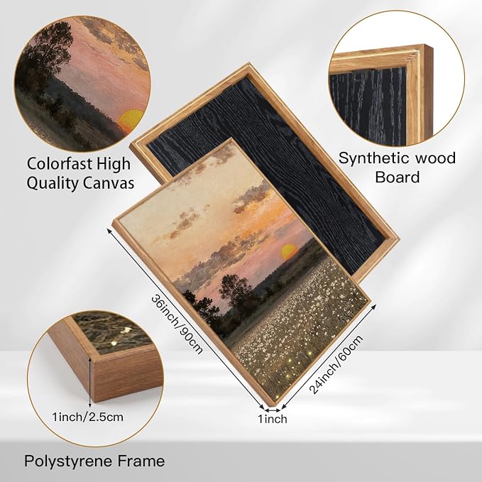 TOARTi Large Framed Countryside Landscape Canvas Wall Art, Wildflower Sunset Fireflies Painting Art Prints,Vintage Farmhouse Natural Scenery Wall Decor for Living Room Bedroom Office-24”x35”x3