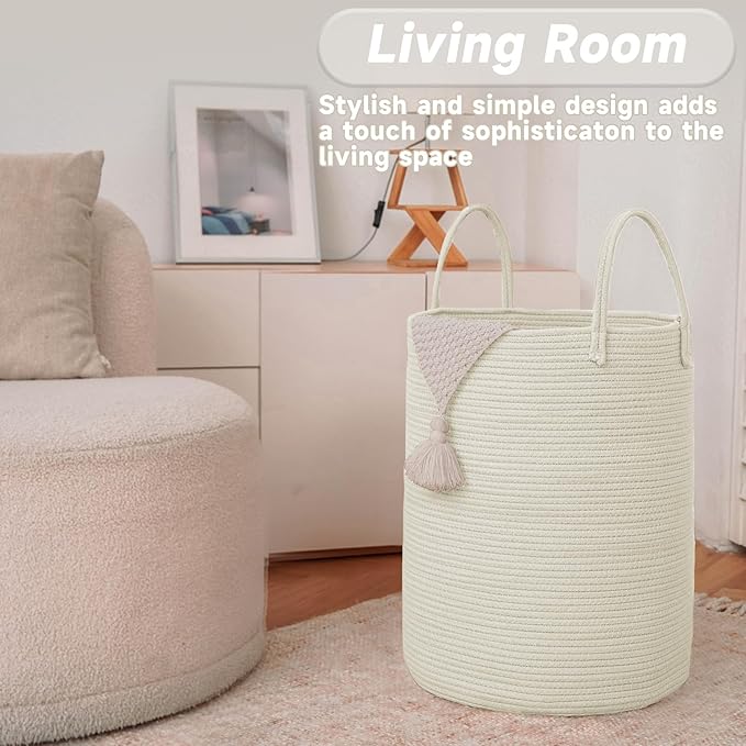 JMvicyroam Large Woven Laundry Basket Hamper,80L Cotton Rope Storage Bin for Blankets,Toys and Clothes,Decorative Tall Nursery Hamper for Living Room,Baby Nursery,Bathroom and Bedroom,White