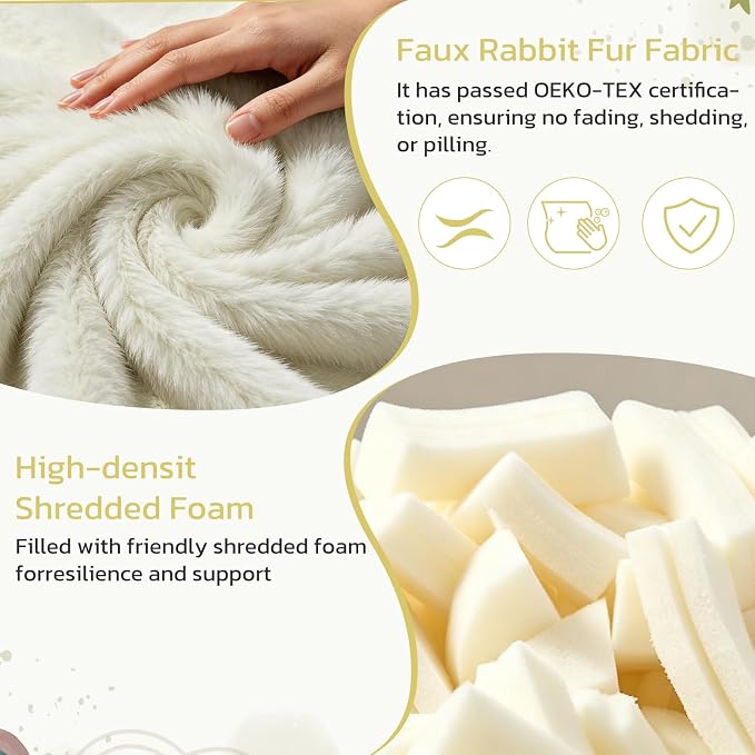 2FT Memory Foam Bean Bag Chair - Ultra Soft Faux Rabbit Fur Round Sofa with Handle & Machine Washable Cover, Comfy Lazy Chair for Kids Teens, Perfect for Reading Gaming in Living Room Bedroom，Beige
