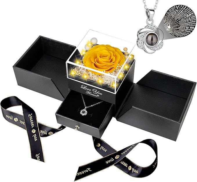 ENERLEAF Preserved Yellow Real Rose-Eternal Flowers Rose Gifts for Mom Grandma Wife Girlfriend on Mothers Day Birthday Valentines Christmas Anniversary Romantic Gifts for Her with I Love You Necklace