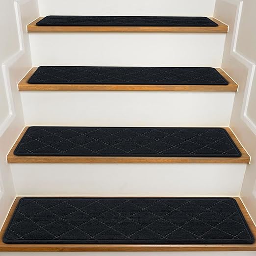 Stair Treads for Wooden Steps Indoor, KOOTETA 15 Pack 8" X 30" Non Slip Carpet Stair Treads with Reusable Adhesive for Kids Elders and Dogs, Surface Polyester TPR Backing Stair Rugs, Black