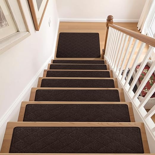 KOOTETA Non Slip Stair Treads Landing Rug for Wooden Steps Indoor, 20"X32" Landing Slip Resistant Stair Rugs for Kids and Dogs, Polyester Stair Landing Mat,Brown