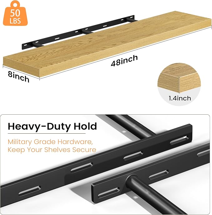 Fun Memories Floating Shelves for Wall, 48 Inch Long Set of 2 Rustic Wood Wall Shelves with Invisible Brackets, Heavy Duty Storage Display for Living Room Bedroom Kitchen, Oak