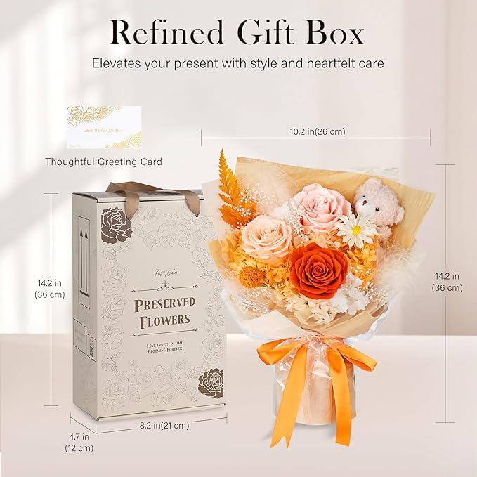 Preserved Flowers Bouquet with Bear, 3 Real Forever Flowers for Delivery, Long-Lasting Orange Eteranl Roses Bouquet, Mothers Day Gifts for Mom Grandma, Anniversary Birthday Gifts for Women Girlfriend